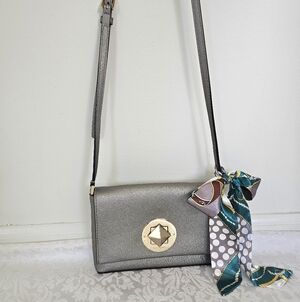 Kate Spade Newbury Lane Sally Metallic Silver Saffiano Leather Crossbody w/scarf